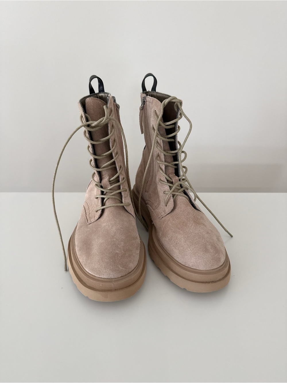 Brunello Cucinelli Beige Suede Lace-Up Monili Combat Boots